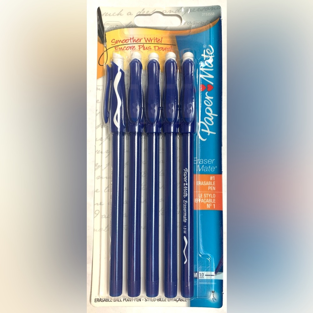 New BLUE PAPER MATE ERASERMATE Pen, Medium Point 5 pack papermate erasable pen